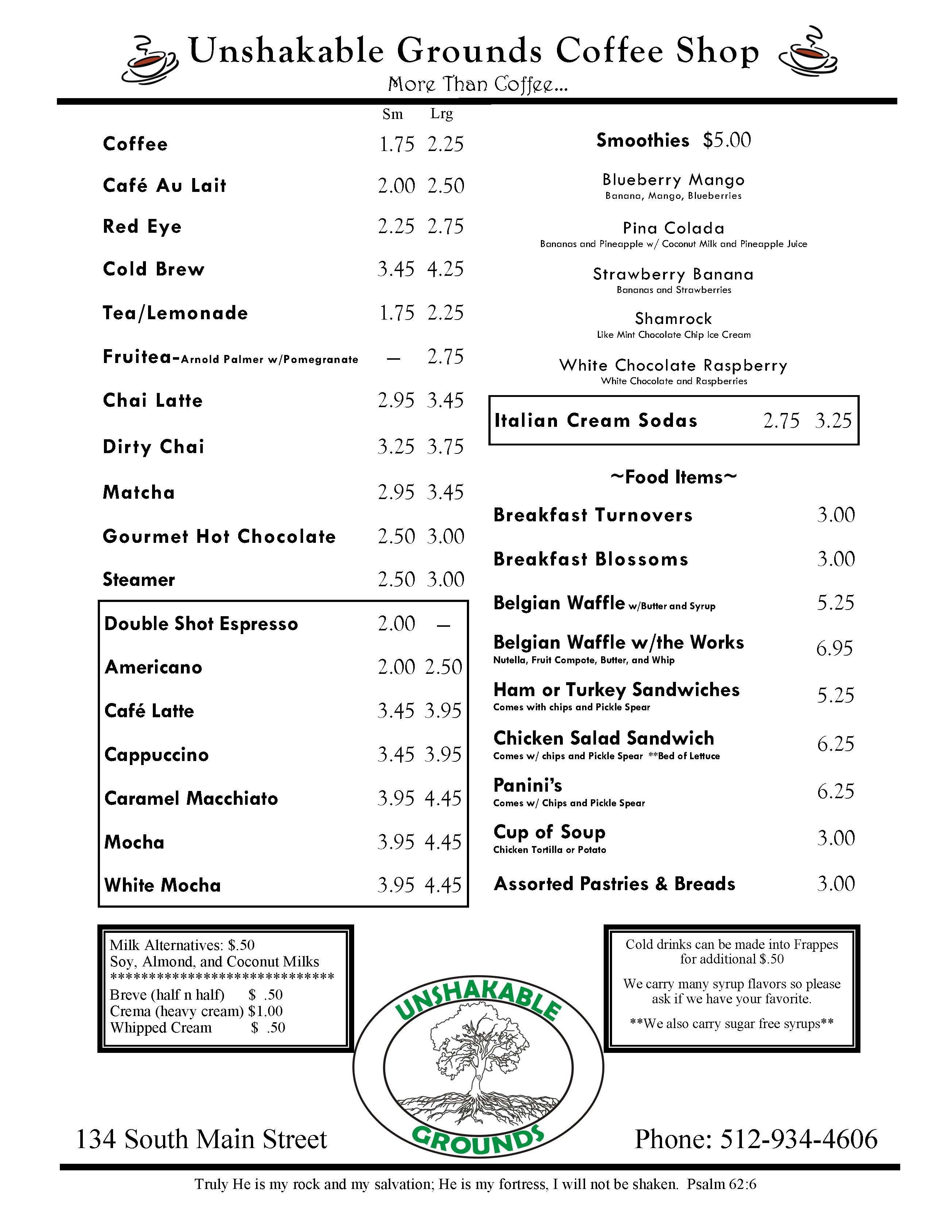 Menu - Unshakable Grounds Coffee Shop